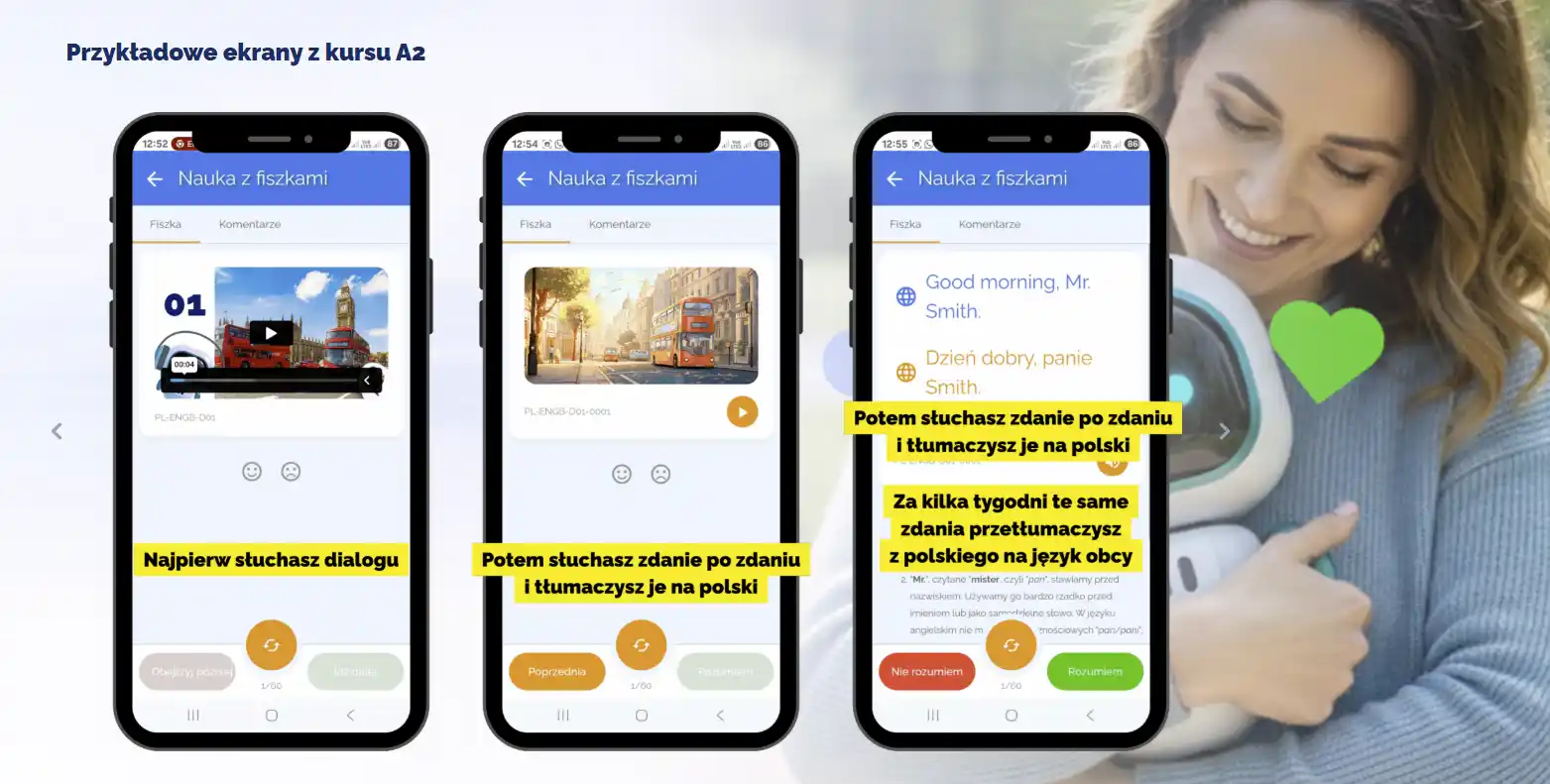 Przykładowe okna w aplikacji Globott - dialog i fiszki